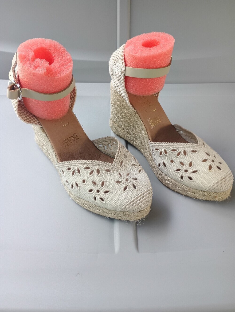 Cream-colored Maypol Beige Eyelet Canvas Espadrille Wedge Sandals Made in Spain - Picture 3 of 16